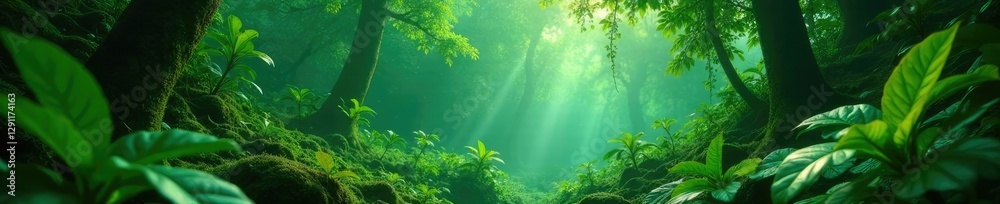 Gold accents amidst an emerald green jungle landscape, landscape, emerald green Gold accents amidst an emerald green jungle landscape, landscape, emerald green