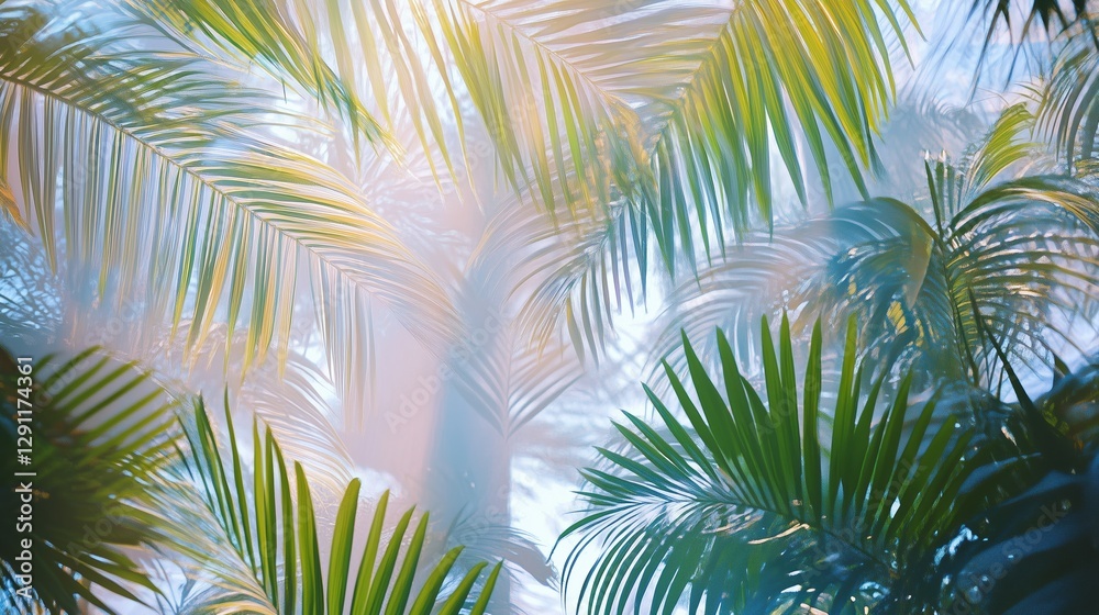 Fototapeta premium Tropical Canopy: Capture the lush beauty of a tropical canopy, where vibrant green palm fronds reach towards the sky, illuminated by the dappled sunlight filtering through the leaves.