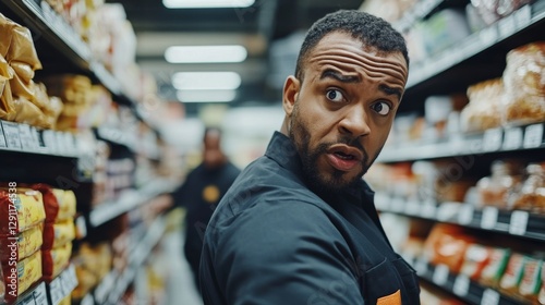 Thief alert in a supermarket, employees noticing a shopper behaving unusually. Featuring fast detection and store protection