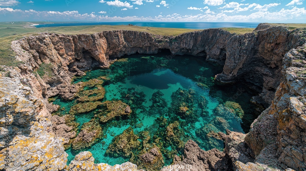 Coastal Lagoon, Clear Water, Rock Formation, Sunny Day, Aerial View, Travel Destination Coastal Lagoon, Clear Water, Rock Formation, Sunny Day, Aerial View, Travel Destination