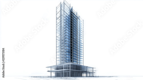 A conceptual high-rise skyscraper presented in an innovative blueprint-style architectural rendering, featuring a transparent steel frame and detailed structural blueprints