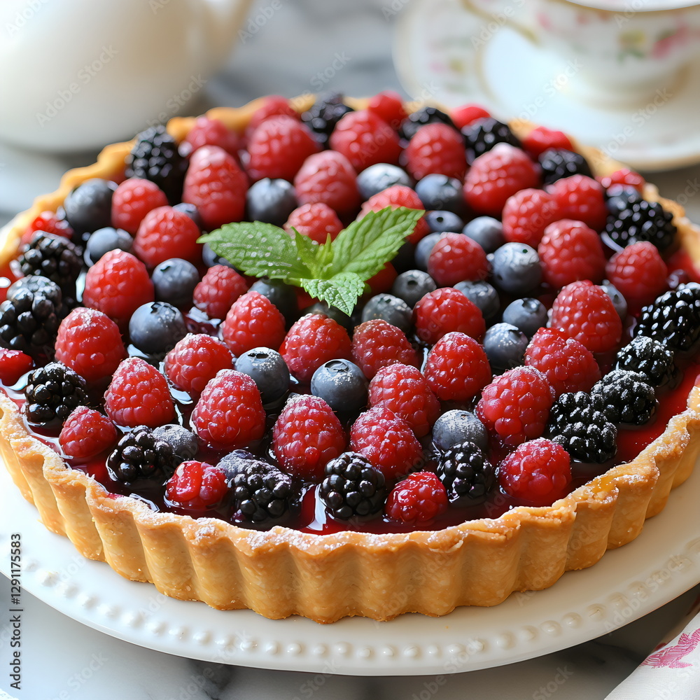 A beautifully arranged berry tart features a buttery crust topped with vibrant raspberries, blackberries, and blueberries. This delightful dessert is perfect for any occasion A beautifully arranged berry tart features a buttery crust topped with vibrant raspberries, blackberries, and blueberries. This delightful dessert is perfect for any occasion