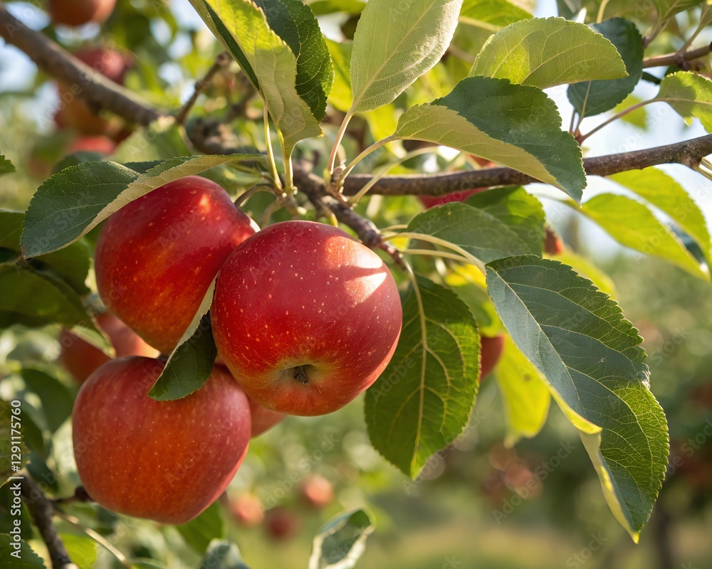 Close-up shot of ripe, red apples hanging on a branch amidst green leaves in an orchard.