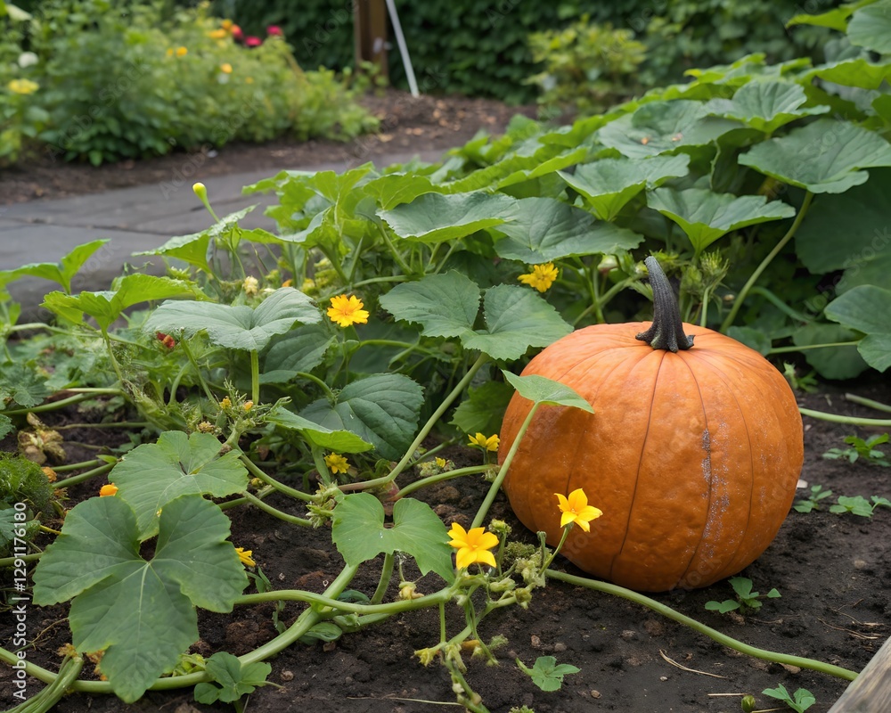 Obraz premium A ripe, orange pumpkin rests on the ground amidst green vines and yellow flowers in a garden.
