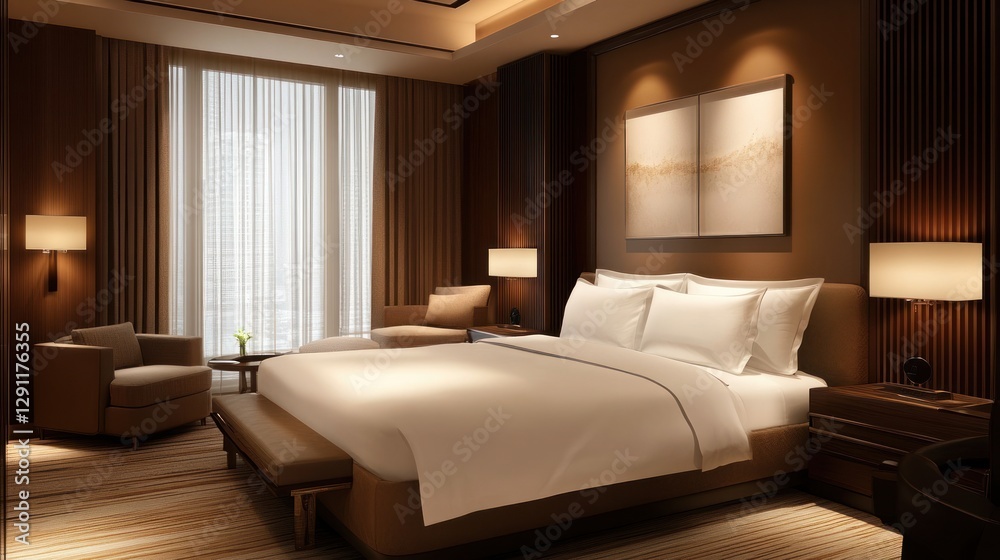 Elegant modern hotel room featuring a king-sized bed and cozy seating Elegant modern hotel room featuring a king-sized bed and cozy seating