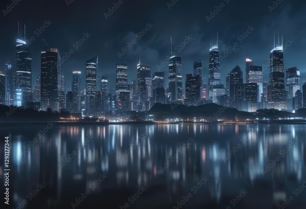 Fototapeta premium Darkened blue gradient with blurred cityscape and nighttime atmosphere, atmospheric effect, dark blue gradient, blurred architecture