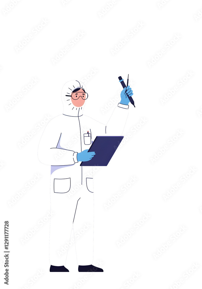 Laboratory scientist in protective suit holding test sample and clipboard for research and analysis in a controlled environment Laboratory scientist in protective suit holding test sample and clipboard for research and analysis in a controlled environment