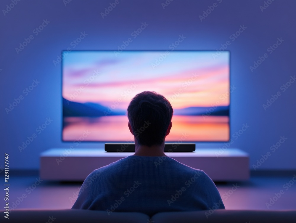 Man Watching Television with a Sunset Scenery Man Watching Television with a Sunset Scenery