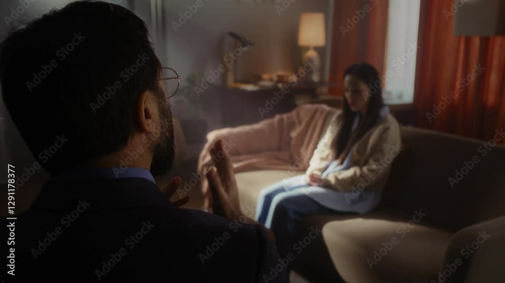 Man psychotherapist engages in conversation with woman at session Man psychotherapist engages in conversation with woman at session