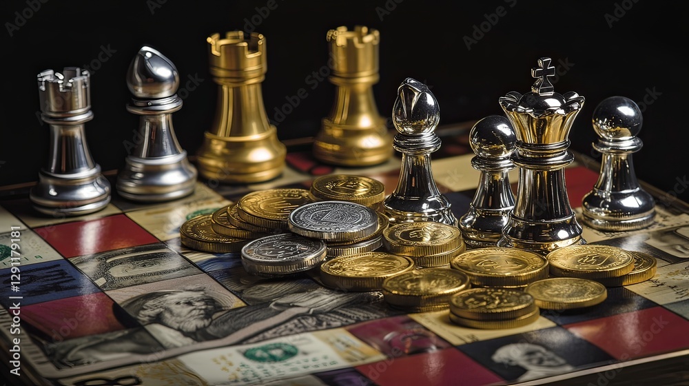 A chess game comes alive with shiny pieces and golden coins. Strategy meets wealth in a dramatic display of competition. Embrace the challenge. Generative AI A chess game comes alive with shiny pieces and golden coins. Strategy meets wealth in a dramatic display of competition. Embrace the challenge. Generative AI