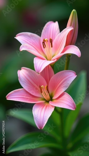 Pastel pink lily flowers blooming in a garden, blooms, flowers, botanical