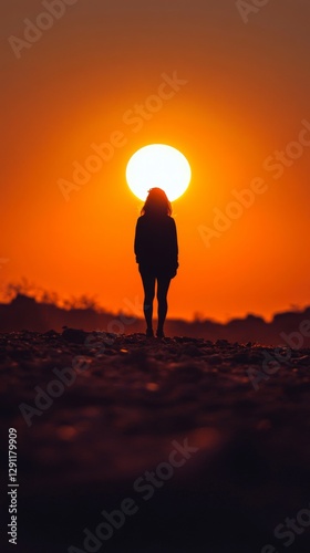 A silhouette of a person stands against a backdrop of a stunning sunset. The sun radiates warmth and vibrancy. Capturing moments like this inspires tranquility. Generative AI