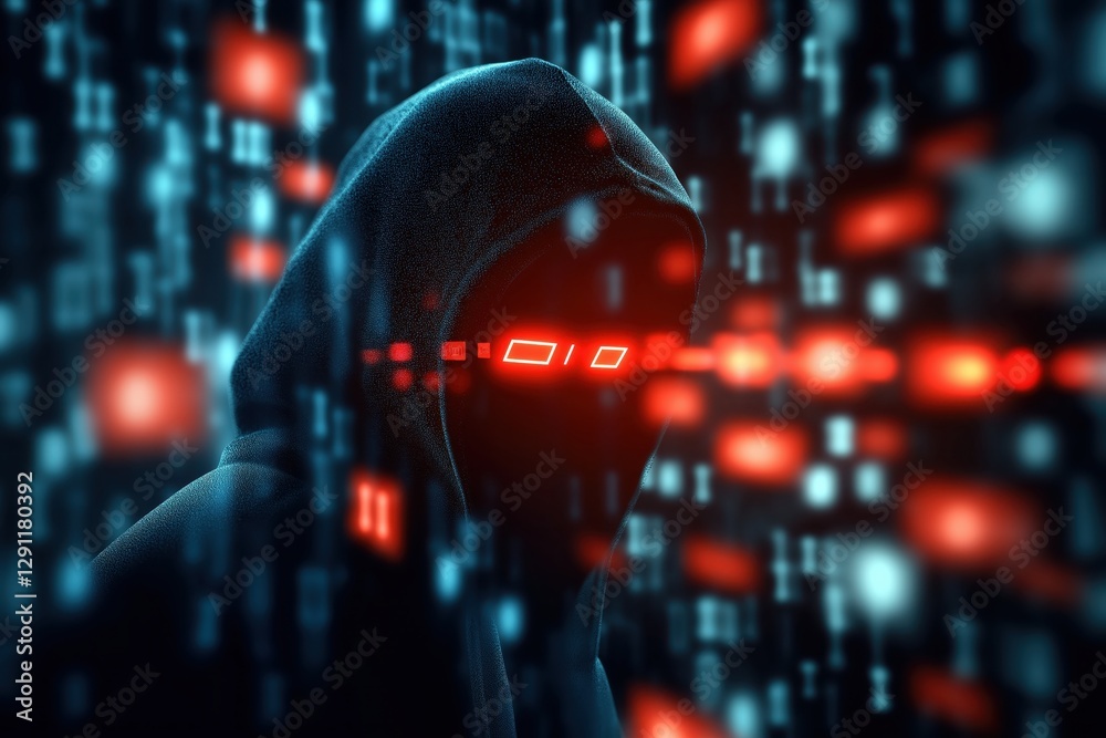Fototapeta premium Mysterious Cyber Thief Icon Surrounded by Flashing Red Visuals and Digital Code