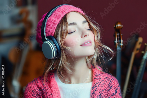 Vibrant Girl Enjoys Music with Smile, Dancing, and Instrument Illustration on a Warm Background, Capturing Joy of Music Festivals and Concerts