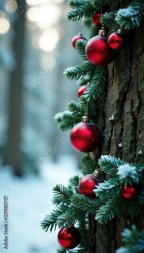 Red ornaments and green garland on a frosted tree trunk, forest scenery, evergreen tree