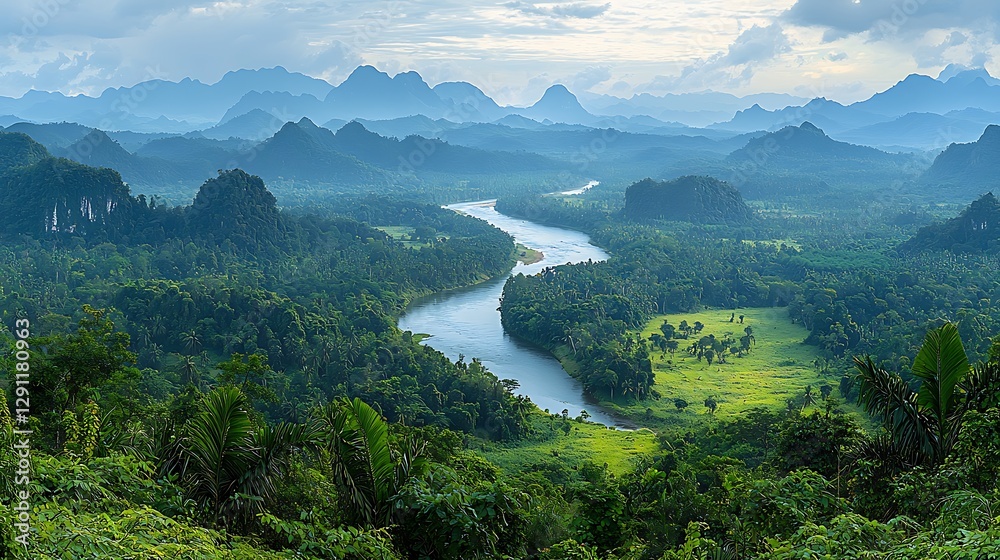 Fototapeta premium High angle view of winding river valley, lush green mountains, and misty landscape