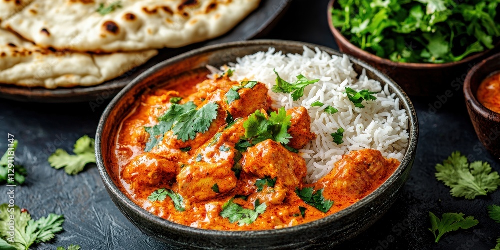 Indian Butter Chicken with Basmati Rice and Naan on a dark background