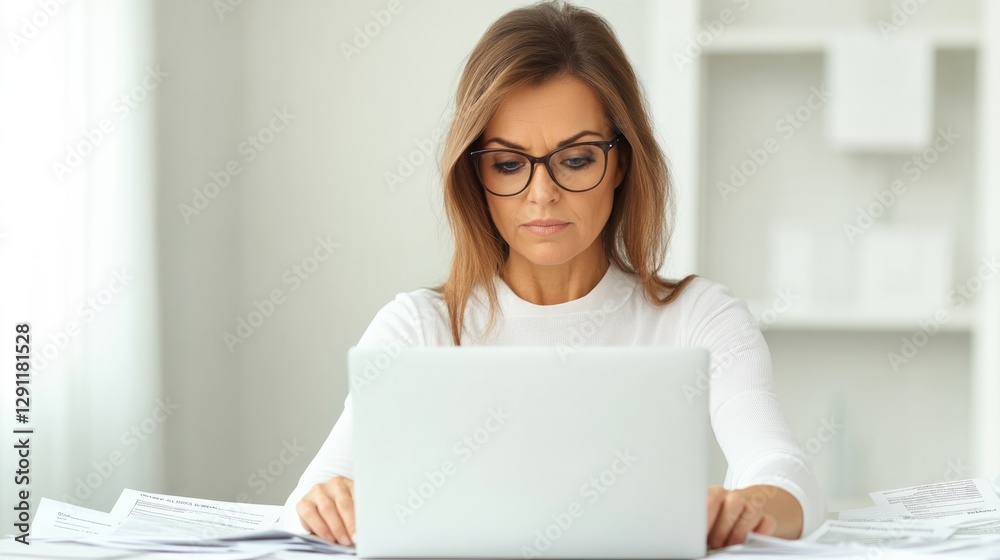 Focused woman working on laptop in bright modern workspace with Focused woman working on laptop in bright modern workspace with