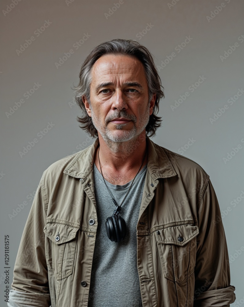 A middle aged male musician in casual clothes in a recording studio on a plain background A middle aged male musician in casual clothes in a recording studio on a plain background