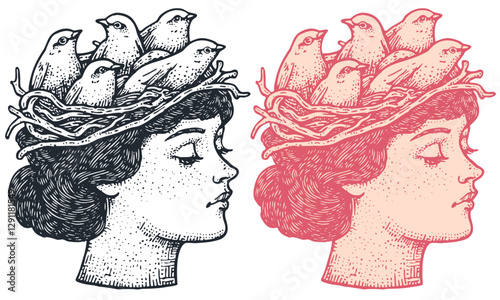 Vector illustration featuring a woman's head with a nest of birds as a headdress. An artistic and symbolic image, available in two color variations.