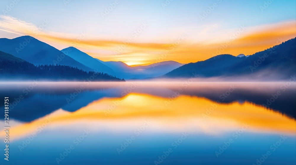 Fototapeta premium Serene Mountain Landscape at Sunrise with Soft Mist Over Calm Water Reflection
