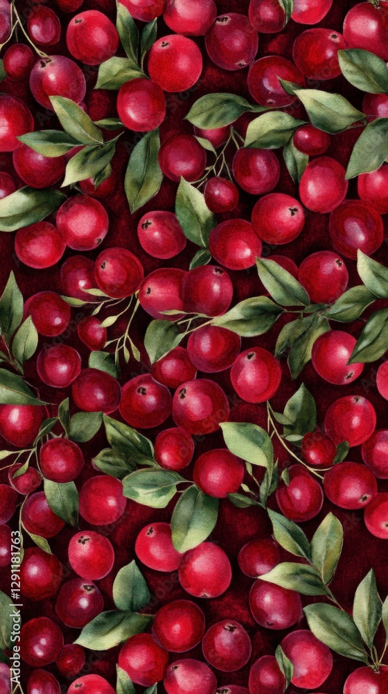 Stunning Watercolor Cranberry Pattern with Detailed Berries and Leaves Stunning Watercolor Cranberry Pattern with Detailed Berries and Leaves