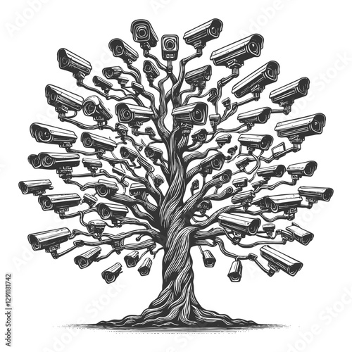 tree with security cameras growing from its branches, symbolizing surveillance, technology in nature sketch engraving generative ai vector illustration. Scratch board imitation. Black and white image.