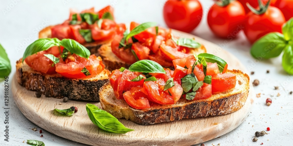 Italian Bruschetta with Fresh Tomatoes and Basil on a white background Italian Bruschetta with Fresh Tomatoes and Basil on a white background