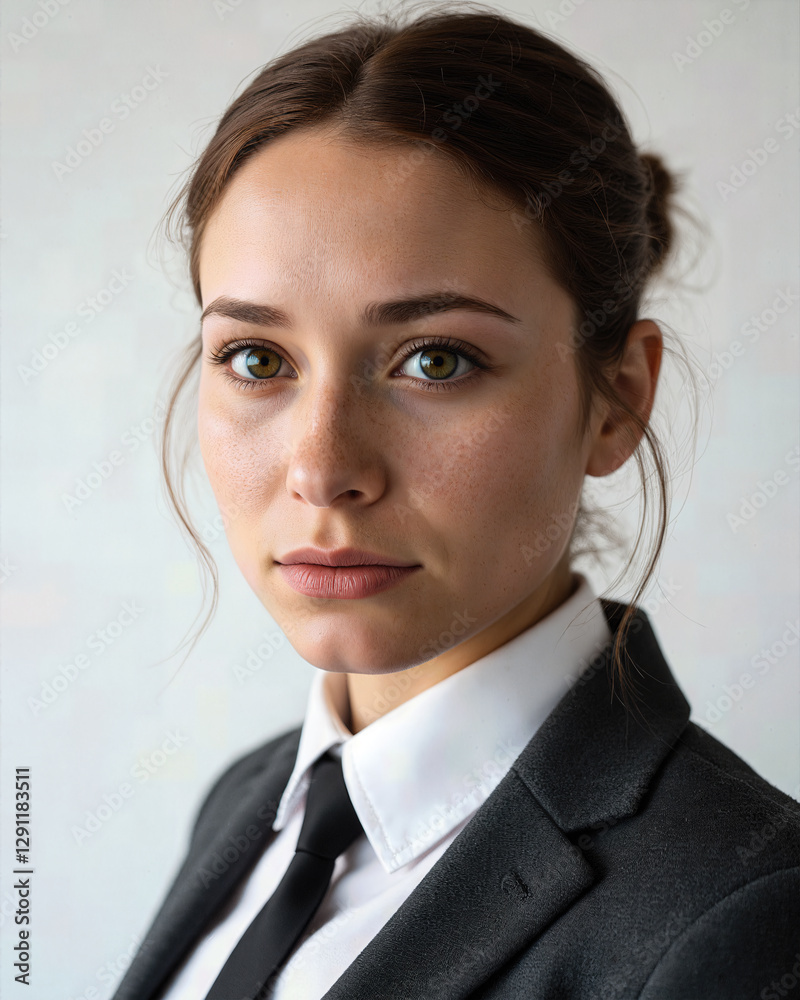 Professional young sad Ukrainian woman in a tailored suit, confidently posing with a calm expression, showcasing elegance Professional young sad Ukrainian woman in a tailored suit, confidently posing with a calm expression, showcasing elegance