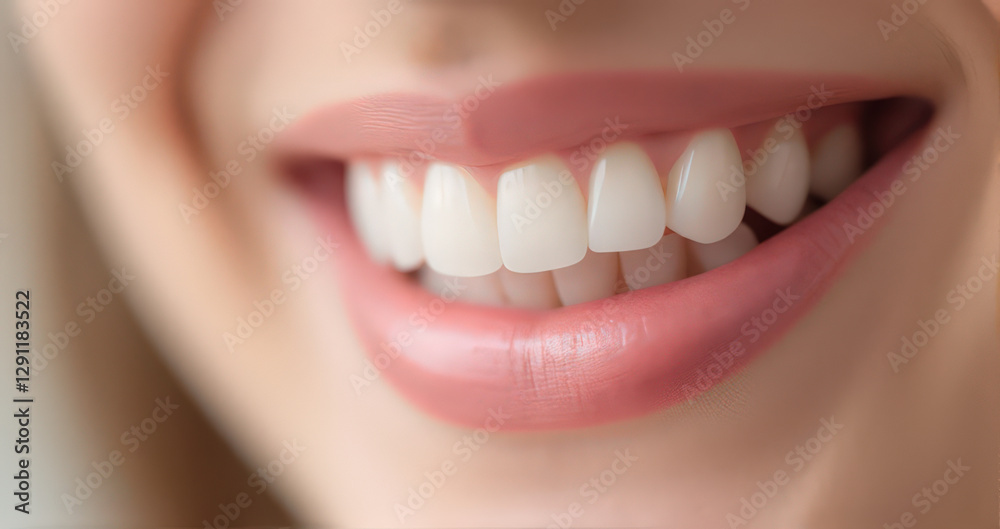 Obraz premium close up of smiling person with healthy white teeth and pink lips, showcasing dental health and oral hygiene