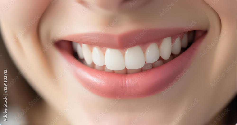 Obraz premium close up of smiling mouth with white teeth and pink lips, showcasing dental health and beauty