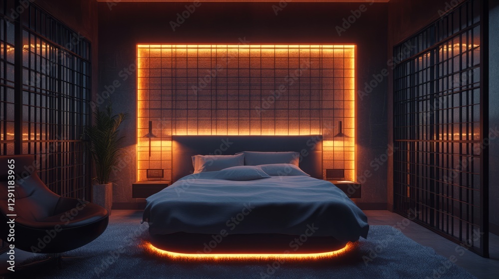 Fototapeta premium A contemporary prison room with a sleek bed frame, designer furniture, and soft, warm lighting