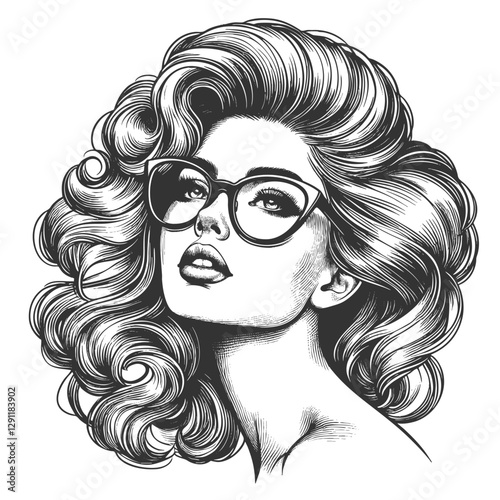 woman with large glasses and voluminous wavy hair, gazing thoughtfully sketch engraving generative ai fictional character vector illustration. Scratch board imitation. Black and white image.