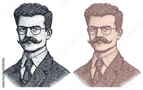 Vector illustration of a man with glasses and a mustache in vintage style. Available in two color versions. Suitable for historical and retro projects.