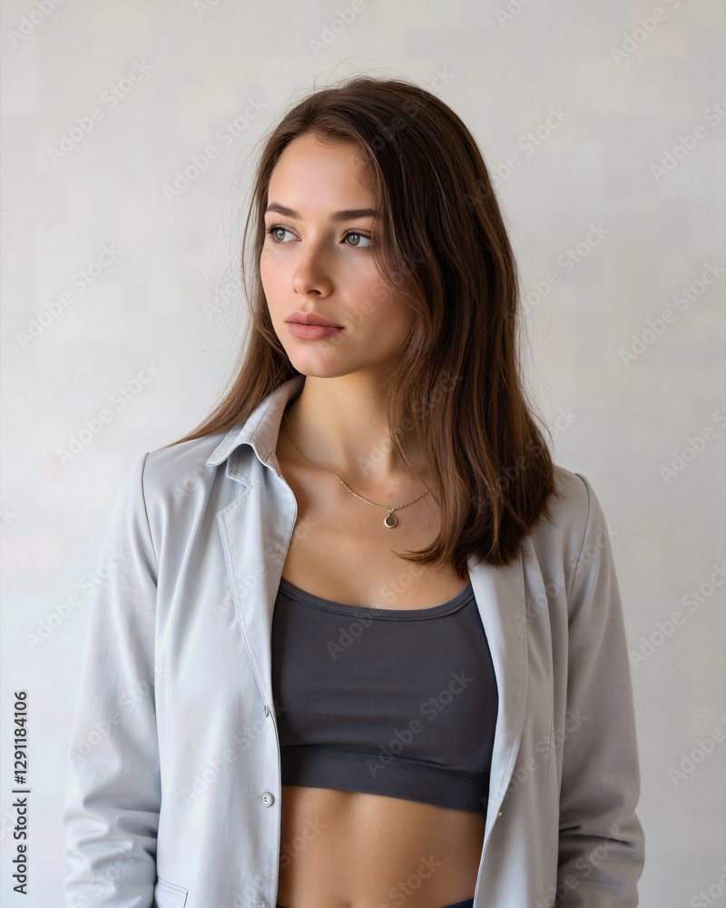 Sophisticated woman in a casual gray outfit, showcasing confidence and beauty in a standing pose Sophisticated woman in a casual gray outfit, showcasing confidence and beauty in a standing pose