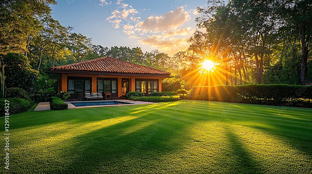 Naklejka premium Tropical sunset villa with pool, sun rays on lawn