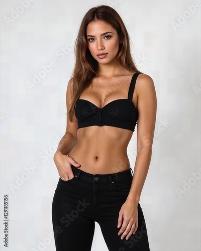Fit Brazilian woman in a black crop top and jeans, exuding confidence and beauty in a posed front-facing shot