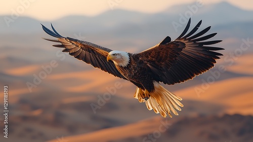 Majestic bald eagle soaring over desert landscape at sunrise