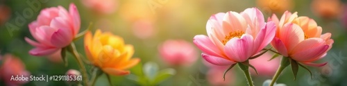 Soft petals of flowers in pastel pink and yellow hues, garden, blossom