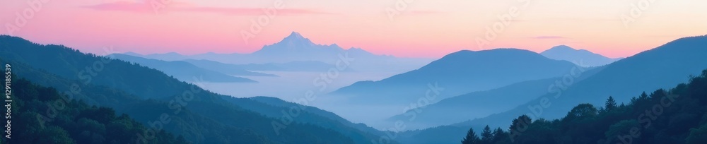 Fototapeta premium Soft pink and teal mist rising from a mountain range at dusk, trees, mountain, landscape