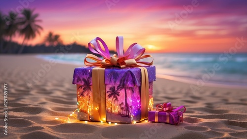 A palm tree decorated with holiday lights stands on a sandy beach at sunset