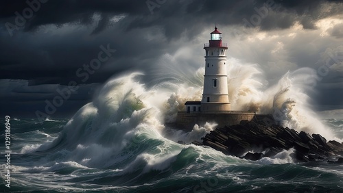 A towering wave crashes against a solitary