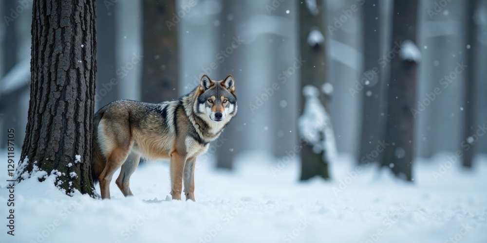 Fototapeta premium A majestic lone wolf stands amidst a snow-covered winter forest, its fur blending seamlessly with the serene landscape.
