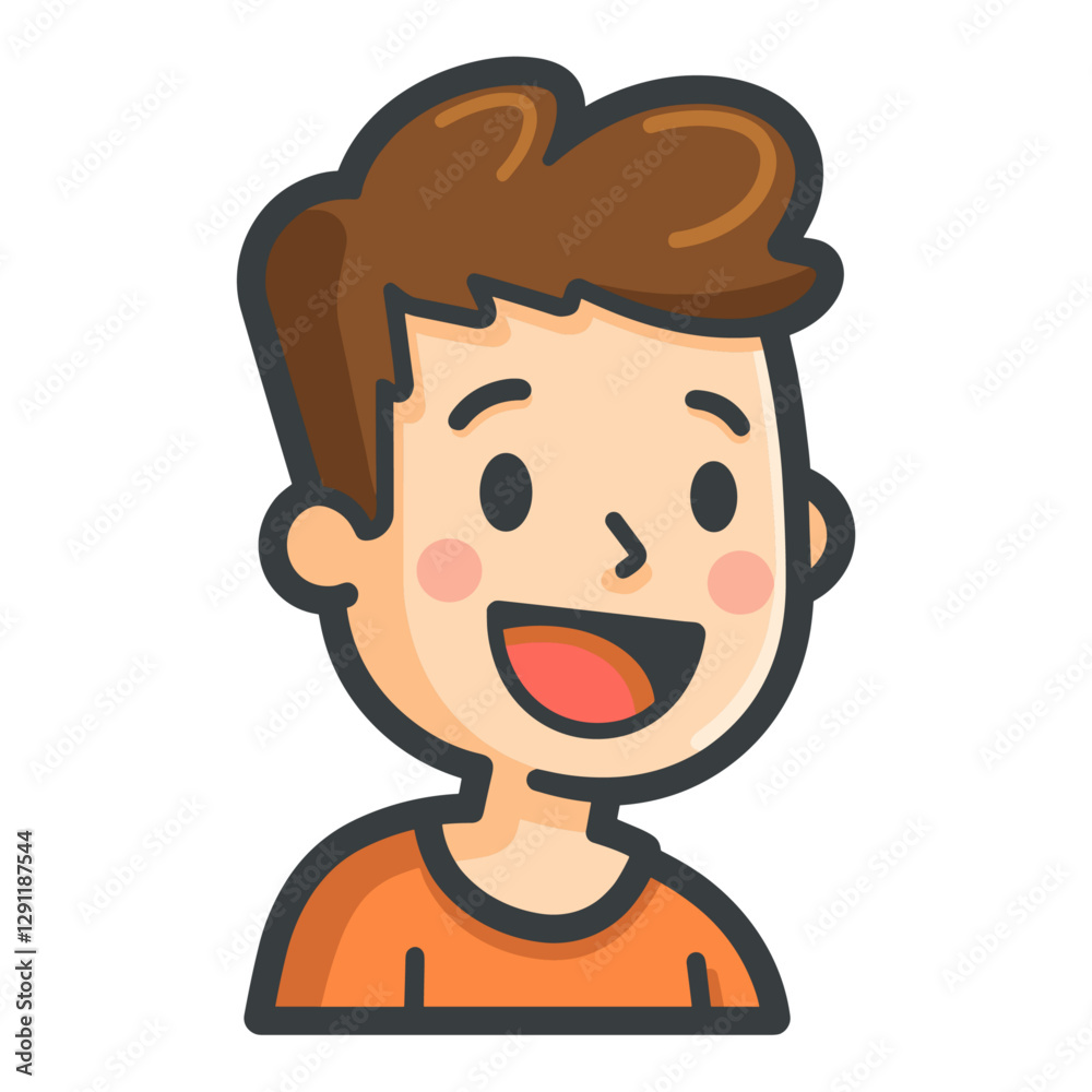 A cheerful cartoon boy with brown hair rosy cheeks and an orange shirt smiles warmly in a bright and inviting vector illustration A cheerful cartoon boy with brown hair rosy cheeks and an orange shirt smiles warmly in a bright and inviting vector illustration