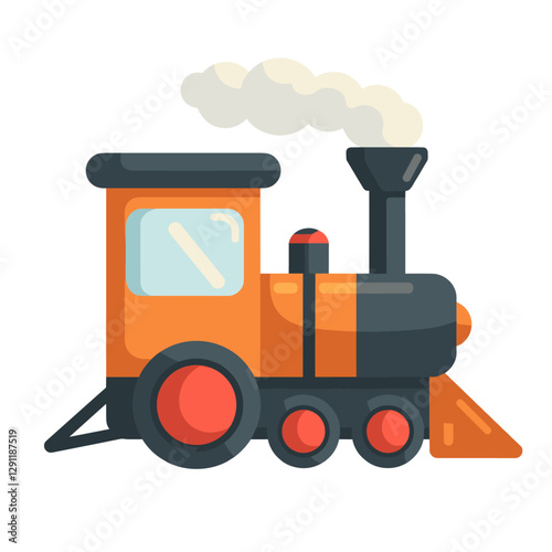 Cute flat vector illustration of a stylized toy steam train with an orange body accents and smoke on an isolated background