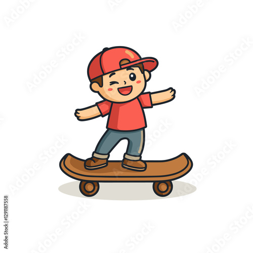 Cartoon boy skateboarding with a playful wink A cute flat illustration of youthful fun isolated on a clean background