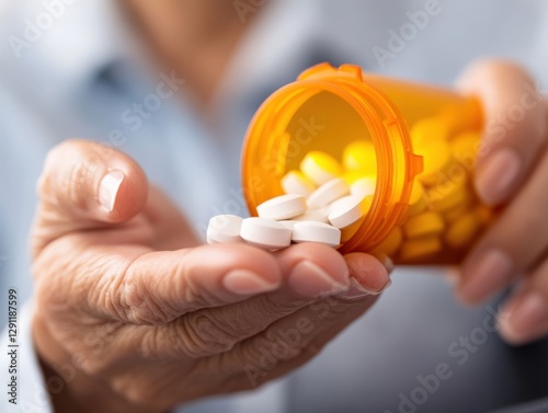 senior woman taking pills from a bottle.