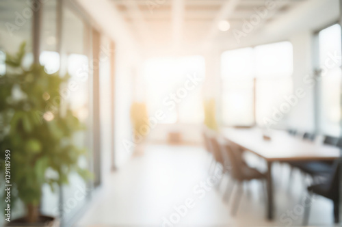 bright, blurred office space with large windows and long conference table