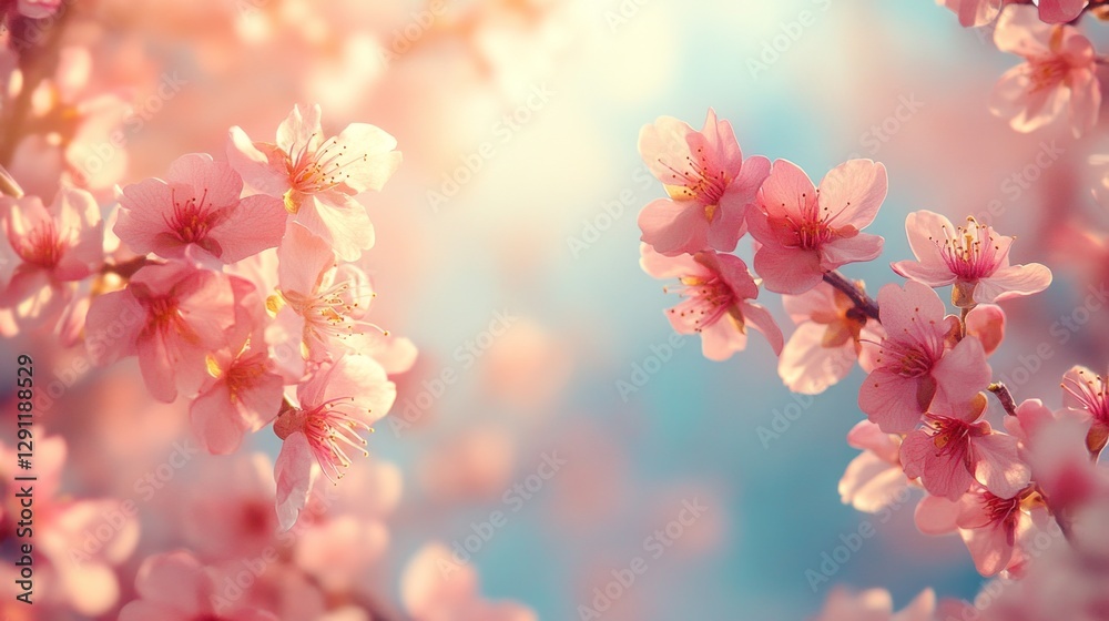 Obraz premium Delicate cherry blossoms burst into bloom, their soft pink petals shimmering in gentle sunlight. Nature awakens, inviting feelings of renewal and tranquility in springtime