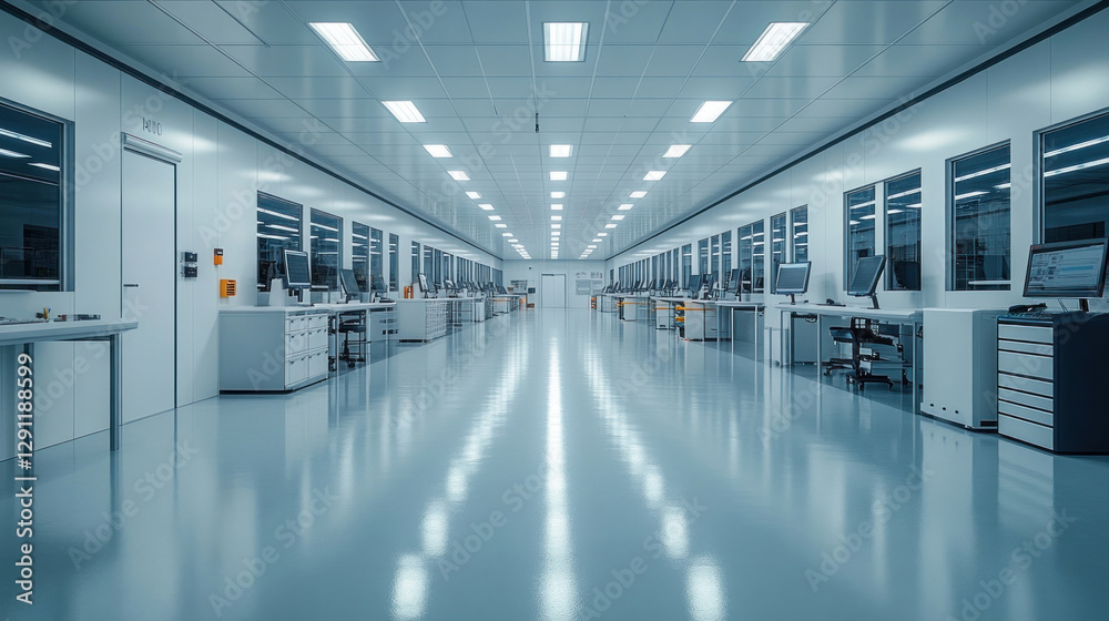 Fototapeta premium A minimalist industrial factory with a sleek white interior and ergonomic smart workstations